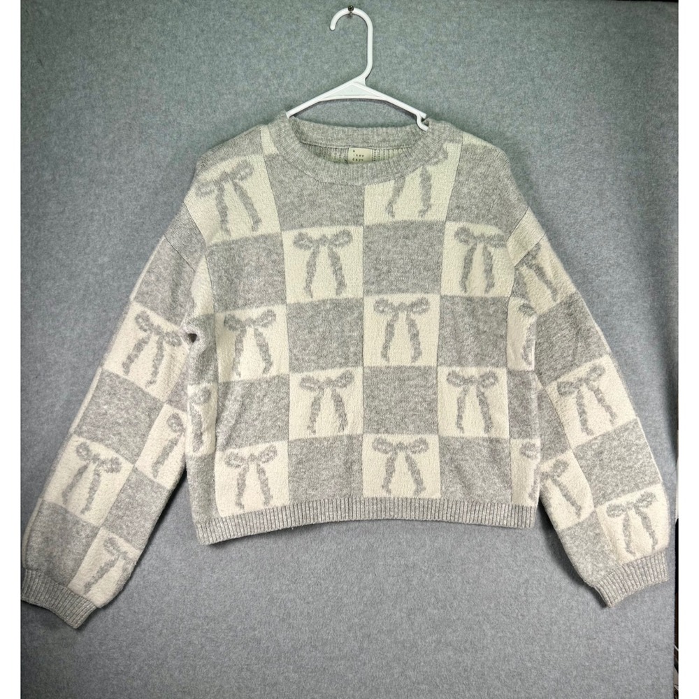 A New Day Womens Small Gray White Checkered Bow Crewneck Pullover Sweater S